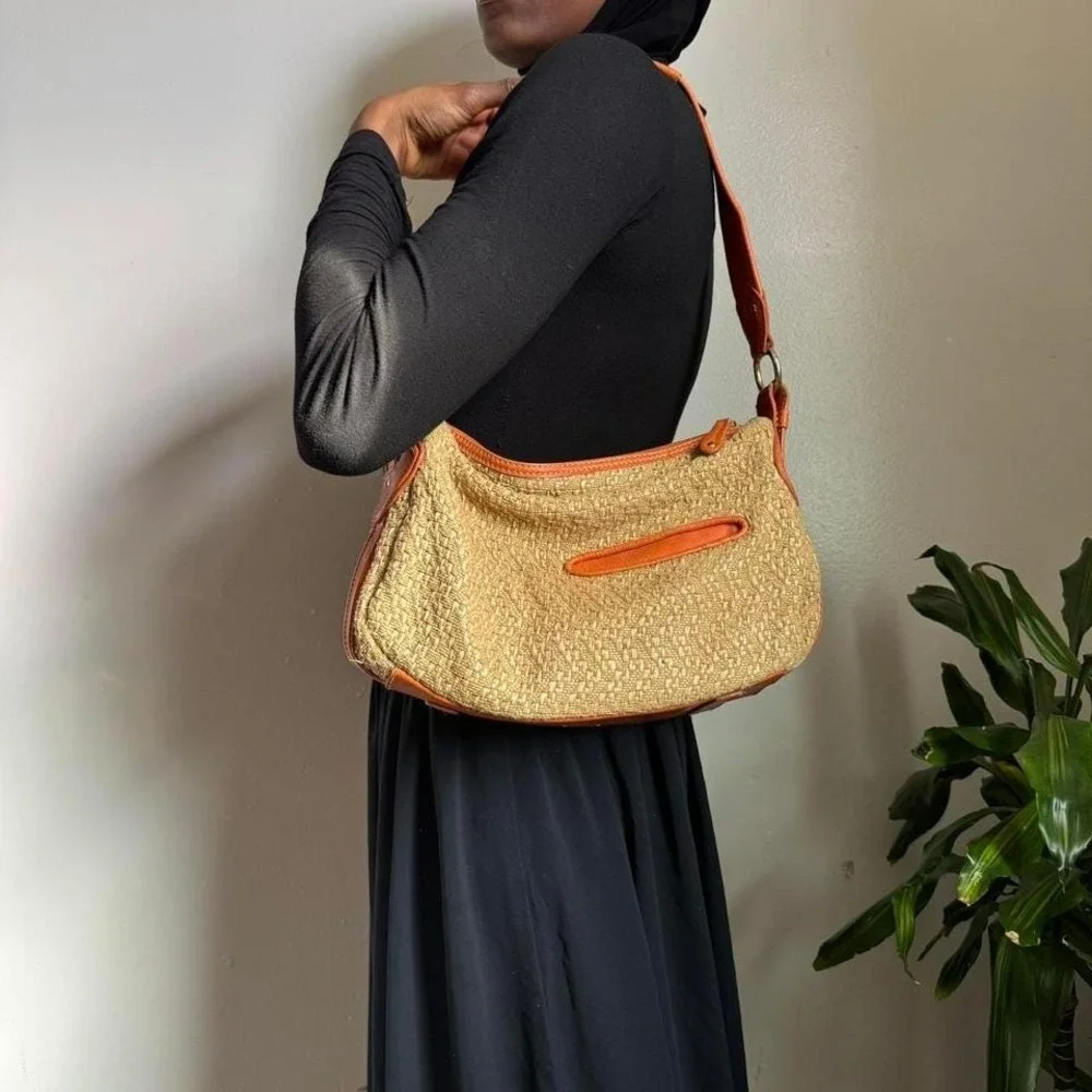 Vintage Y2K Stone‎ Mountain Straw & Leather Hobo Bag